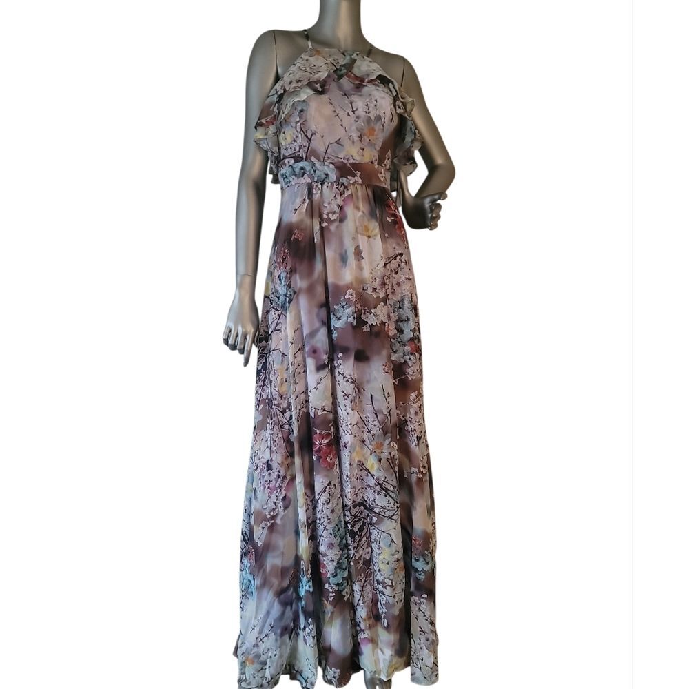 Nicole Miller Ruffle Chiffon Multifloral Maxi Dress Size 2